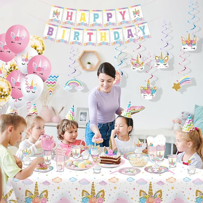 Unicorn Birthday Decorations, Unicorn Party Decorations, Rainbow Birthday Decor for Girls, Includes Plates, Cups, Napkins, Banner, Tablecloths, Balloons, Cupcake&Cake Topper serve 24 Guests