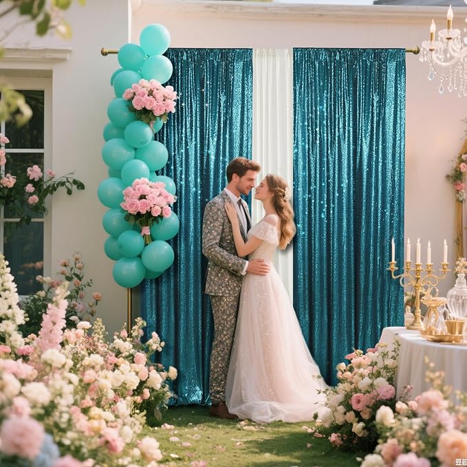 PartyDelight Teal Sequin Backdrop Curtains 2x8ft 2 Panels | 3mm stitched sequin curtain with 4 inch rod pocket for 2x8ft 2 panel doorway window side drape narrow photo booth strip