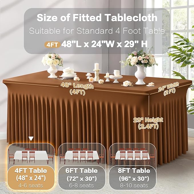 Shillance 2 Packs Brown Spandex Tableclothes for 4 Foot Rectangle Table, Spandex Table Covers 4FT Stretch Table Skirts Wrinkle Free Fitted Table Cloth for Event, Wedding, Banquet & Parties