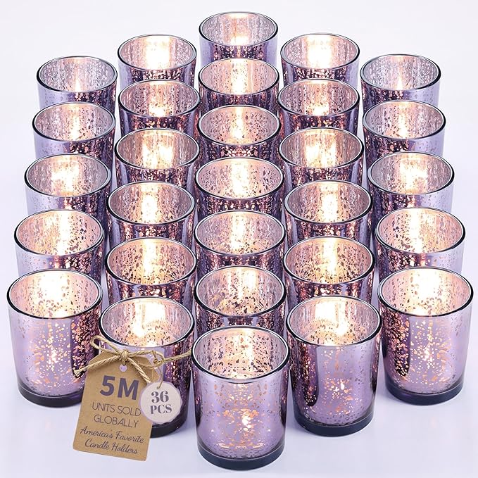 LETINE 36pcs Purple Votive Candle Holders – Glass Tea Light Candles Holder, Standard Votive Size for Regular Votive Candles– Bulk Candle Holder for Party Decoration, Bridal Shower, Home Decor