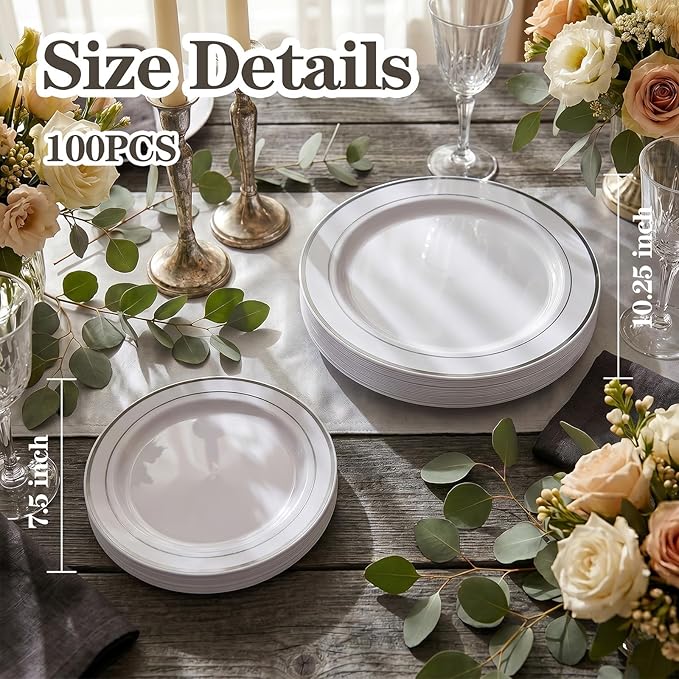 I00000 100pcs Silver Plastic Plates, Disposable Plastic Party Plates with White Silver Rim Fancy Wedding Party Plates Include 50 Dinner Plates 10.25" and 50 Dessert Appetizer Plates 7.5"