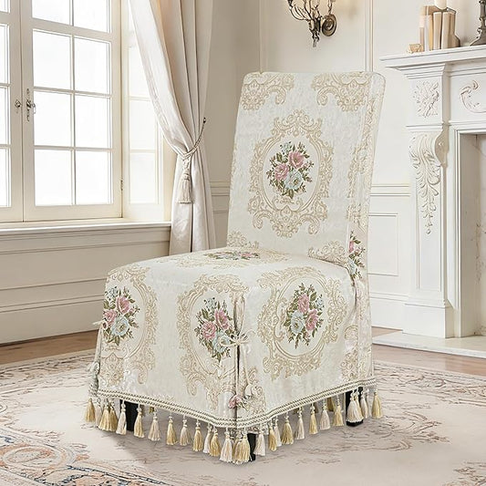 Loom and Mill 1 Piece Elegant Dining Chair Cover, Damask Floral Jacquard Dining Room Parsons Chair Covers with Tassels & Ties, Non Slip Full Cover Furniture Protector for Banquet Party(Pearly Beige)