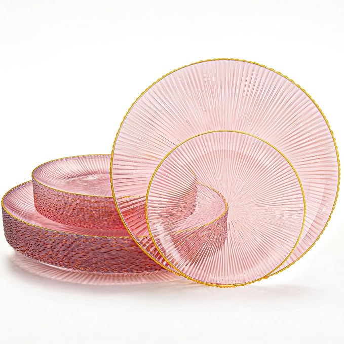 DaYammi 60Pcs Pink Plastic Plates with Gold Rimmed - Pink Disposable Plates Set Including 30pcs Dinner Plates,30pcs Dessert Plates with Radial Texture for Party & Wedding Bridal Shower