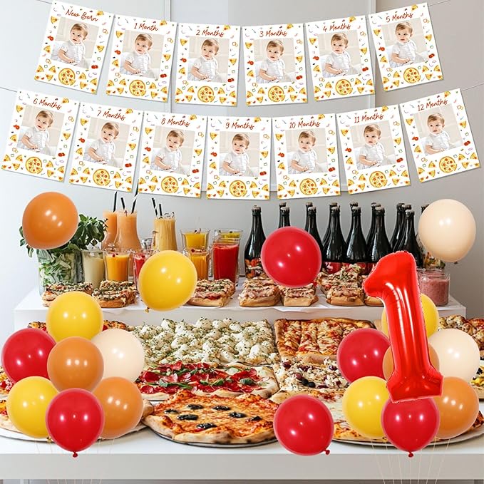 Pizza 1st Birthday Party Decorations - Pizza Theme 1st Birthday High Chair Banner and Photo Banner Slice of Fun Backdrop Fast Food Pizza Cake Topper Red Yellow Balloons for Kids First Bday Supplies