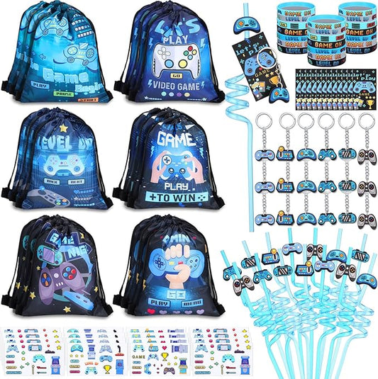 LemonRoad 109 Pcs Video Party Favors Set Birthday Supplies Includes Drawstring Bags Keychains Bracelets Stickers Straws Tags for Video Theme Party