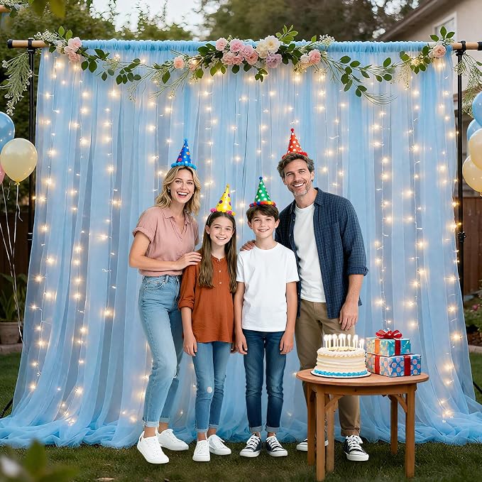 Ledido 2 Pack 10×8ft White Tulle Backdrop Curtains with Lights String - 600LED Fairy Lights Sheer Curtain Backdrop for Wedding Baby Shower Photo Shoot Birthday Party Decoration(4 Panels 5×8ft)，White