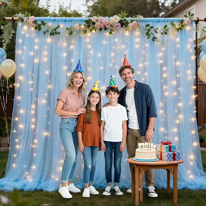 Ledido 4 Pack 10×8ft Beige Tulle Backdrop Curtains with Lights String - 1200LED Fairy Lights Sheer Curtain Backdrop for Wedding Baby Shower Photo Shoot Birthday Party Decoration(8 Panels 5×8ft)，Beige