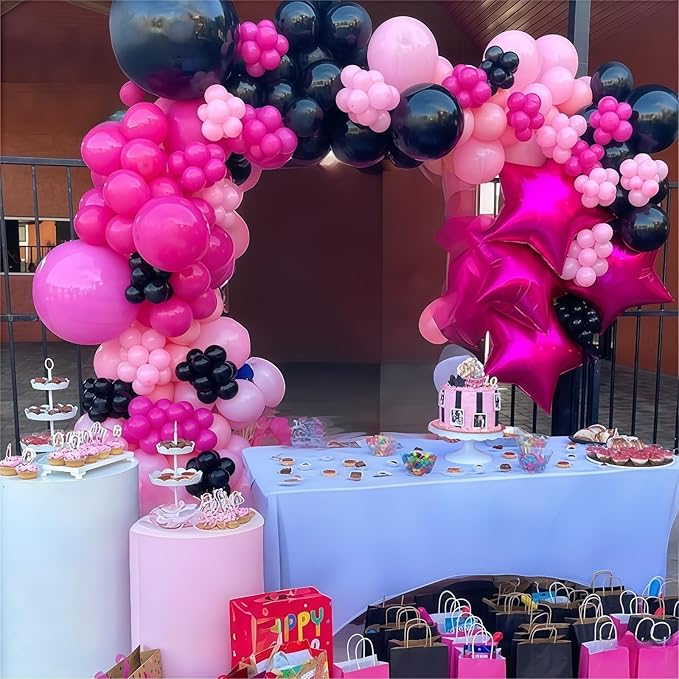 Pink and Black Balloon Arch Kit, 115Pcs Pastel Hot Pink Black White with Explosion Star Foil Latex Balloon Garland for Girls Women Birthday Theme Baby Shower Party Decorations