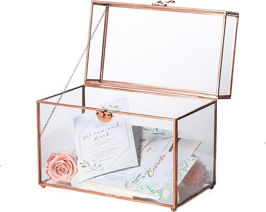 NCYP Small No Slot 9.8 x 5.6 x 7.7 Inches Glass Card Box with Foot for Wedding, Party Reception - Rose Gold Card Box, Home Tabletop Clear Centerpiece, Decoration (No Lock)