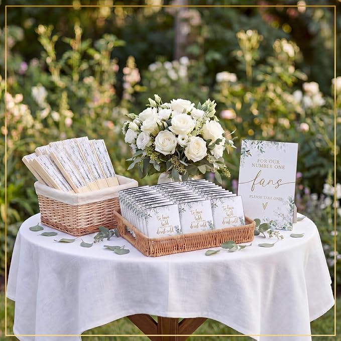 Hoteam 25 Sets Eucalyptus Leaf Wedding Party Favors for Guests Bulk Including Green Can Cooler and Paper Folding Fans with Wedding Decor Table Sign Cheers to Love for Bridal Shower Party Souvenir