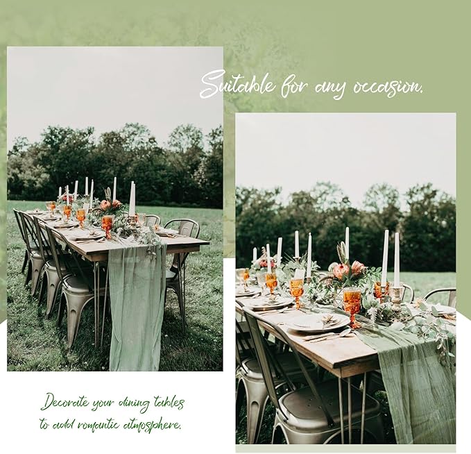 Showgeous 24 Pack Sage Green Cheesecloth Table Runner, 10FT Long Semi-Sheer Boho or Rustic Gauze Table Runner Wedding Table Decor for Wedding Arch Draping Bridal Shower Holiday Party St Patricks Day