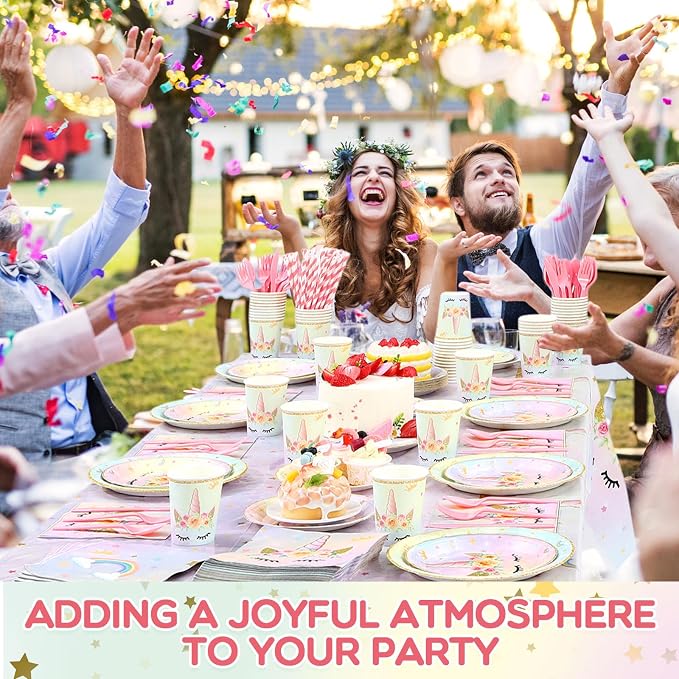 Funnymoom 452 Pcs Unicorn Themed Birthday Party Decorations Include Unicorn Paper Plates Napkins Cups Tablecloth Cutlery Straws Rainbow Pastel Theme Party Supplies for Birthday Decorations