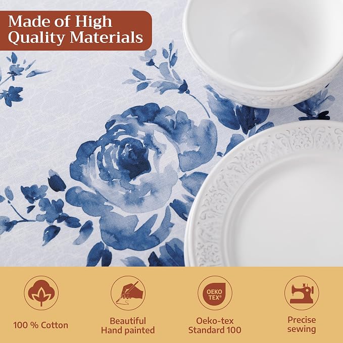 Maison d' Hermine Table Cloth Round Table 100% Cotton 69 Round Inches Tablecloth Reusable Decorative for Dining Kitchen Room Farmhouse Party Home Hotel Restaurant Spring Summer - Rose Garden - Blue