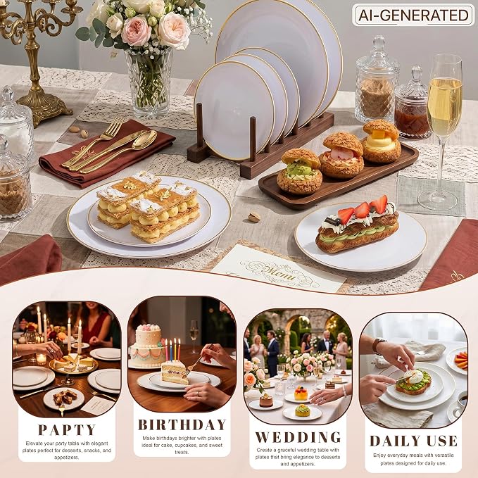 KIRE 100PCS White and Gold Plates - Plastic Disposable Plates - Includes 50Pieces 10.25inch Dinner and 50Pieces 7.5inch Dessert/Salad Plastic Plate for Wedding/Party/Baby Shower/Bridal Shower