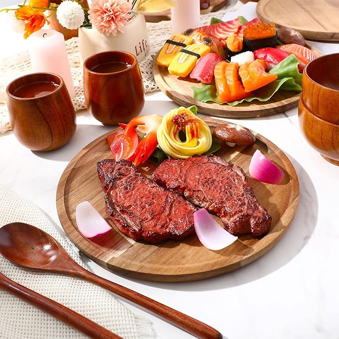 20 Pcs Acacia Wood Dinnerware Set 10 Inch Round Wooden Plates Bowls Tea Cups Fork Spoons Acacia Wood Tableware Supplies Easy Cleaning Lightweight for Dishes Snack Dessert, 4 Set