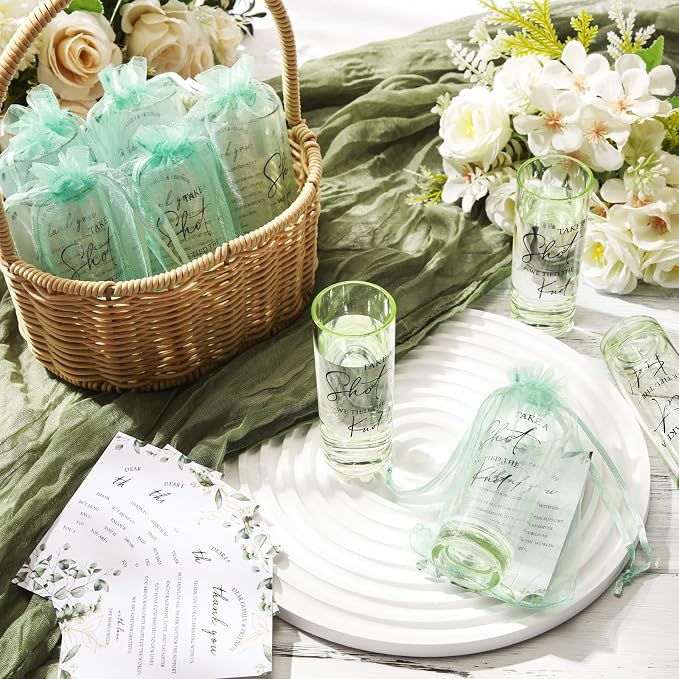 Sliner 50 Set Wedding Favors for Guests Bulk 2oz Acrylic Take a Shot We Tied the Knot Shot Glasses with Thank You Cards Organza Bags for Guest Souvenir Wedding Bridal Shower Gifts (Sage Green,Black)