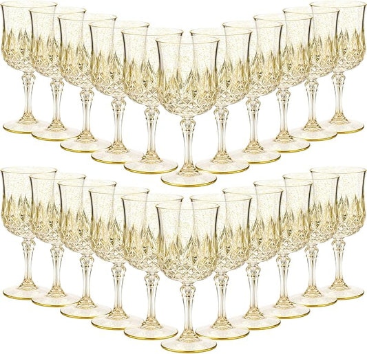 Sliner 48 Pcs Plastic Wine Glasses 7oz Vintage Drinking Goblets Unbreakable Crystal Water Glassware Reusable Diamond Champagne Flutes Cups for Wedding Banquet Birthday Party Supplies(Gold Glitter)