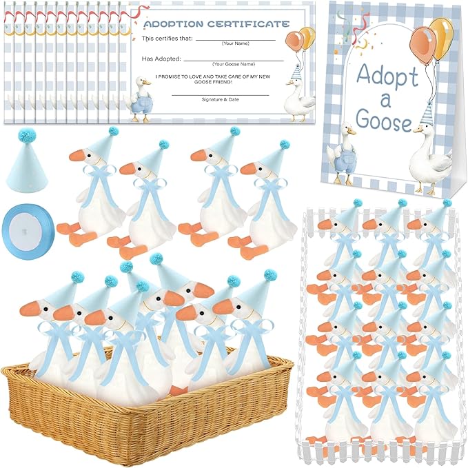 39 Pcs Adopt a Silly Goose Party Favor Include 12 Silly Goose Stuffed Animal 12 Mini Hat 12 Adoption Card 1 Adoption Sign 1 Ribbon 1 Fence for One Silly Goose Baby Shower Party 1st Birthday Decoration