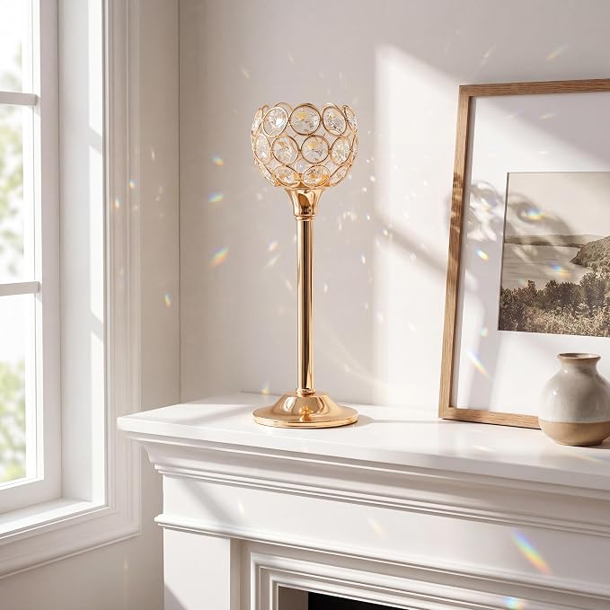 Gold Crystal Tealight Candle Holder Set of 9, Elegant Gold Candles Table Centerpieces, Tall Bling Bowl Candelabra Decor for Wedding, Dining Table, Fireplace Mantel & Party Decoration