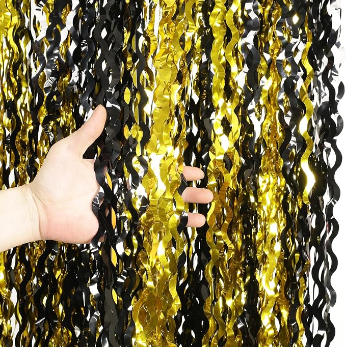 KEEUH 4 Pack Black and Gold Wavy Foil Fringe Curtains Pirthday Decorations,3.3 ft x 6.6 ft Metallic Foil Curtains Streamers for Party Photo Booth Props Background Decoration