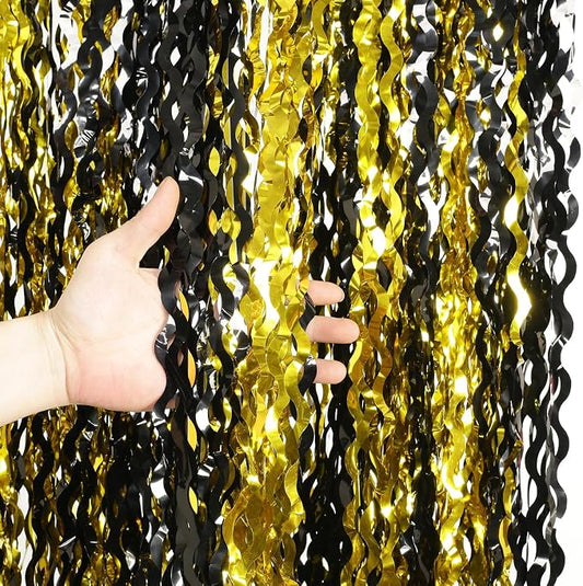 KEEUH 4 Pack Black and Gold Wavy Foil Fringe Curtains Pirthday Decorations,3.3 ft x 6.6 ft Metallic Foil Curtains Streamers for Party Photo Booth Props Background Decoration