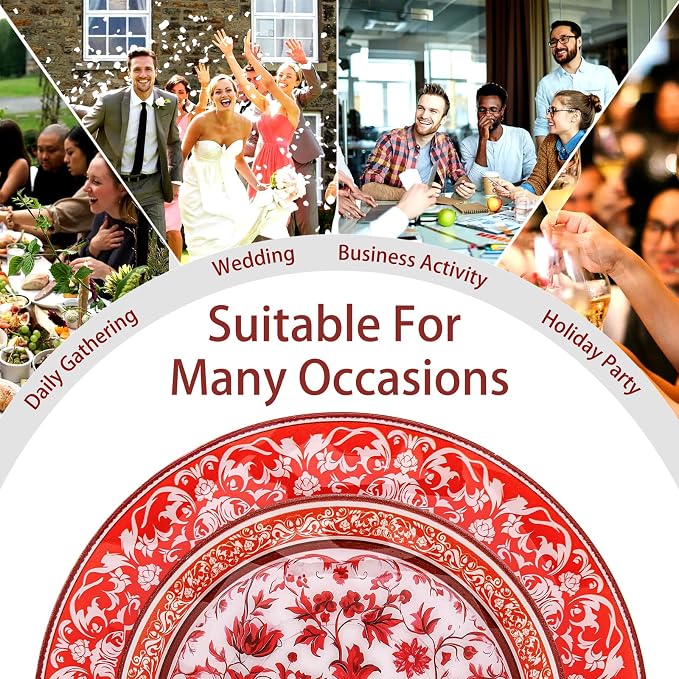 Hioasis 60pcs Red Plastic Plates Set - Floral Red & White Porcelain Design, 10.25" Dinner & 7.5" Dessert Plates Disposable for Christmas (Dishwasher Safe, Art Style)