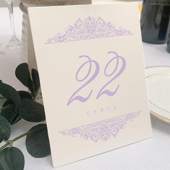 Paisley Wedding Table Numbers (Select Color/Quantity), Champagne, Lavender, 1-20, Double Sided, Tent or Use in a Stand, Great for Parties & Restaurants - Made in the USA