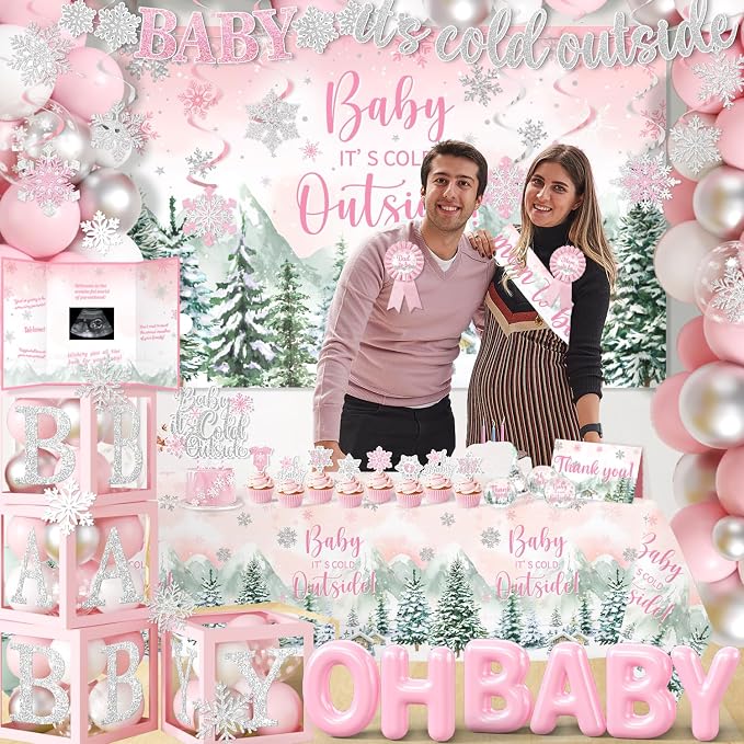 Baby It’s Cold Outside Baby Shower Decorations, Pink Winter Baby Shower Decorations for Girl Winter Woodland Tablecloth Banner Backdrop Balloon Box Cupcake Topper Hanging Swirl for Girl Gender Reveal