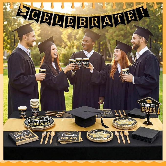 Domensi 400 Pcs 2026 Graduation Decorations Plates and Napkins and Cups Set Serve 50, Black and Gold Graduation Party Supplies, Class of 2026 Paper Tableware 9oz Cup Knife Fork Spoon Congrats Grad