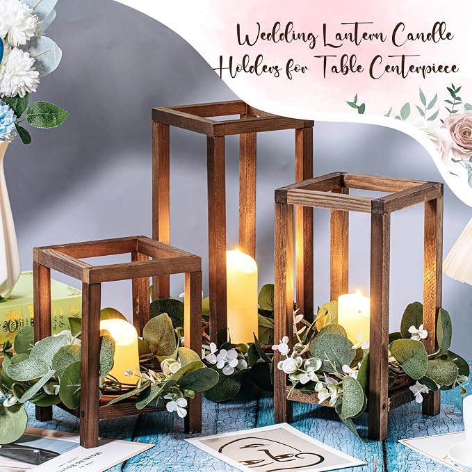 Geelin 12 Set Wooden Wedding Lantern Centerpiece Decor Baptism Lantern Candle Holder for Table Centerpiece Wedding Party Baby Shower Home Country Porch Patio Decor(7.87'', 10.59'', 12.99'',Wood Color)