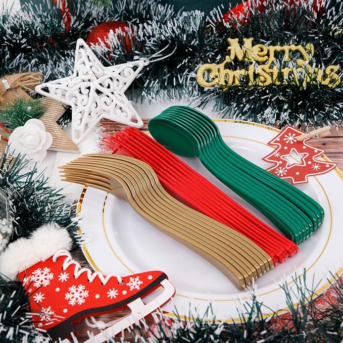 WDF 180 Pieces Plastic Silverware - Disposable Cutlery Set Incluede 60 Gold Forks, 60 Red Knives and 60 Green Spoons - Heavy Duty Plastic Flatware - Disposable Utensils for Wedding Party Birthday