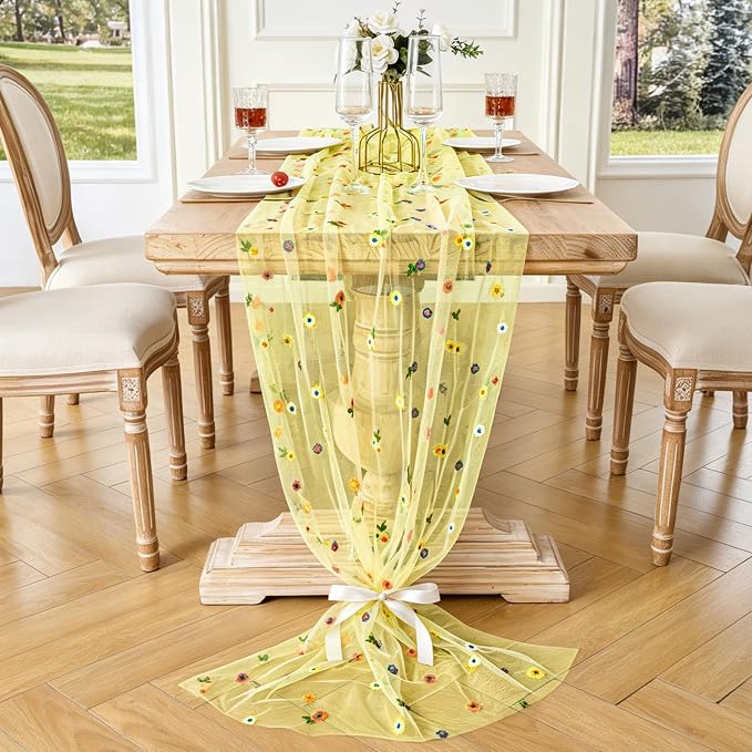 BINBE 1pcs Daisy Spring Table Runner Embroidery Gauze 10FT Florals Seasonal Tulle Holiday Birthday Kitchen Dining Table Decor for Home Party Yellow