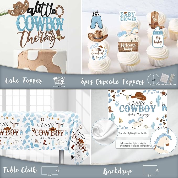 YJDFWAUT Cowboy Baby Shower Decorations Party Supplies for Boy, A Little Cowboy is on the Way Decorations, Western Baby Shower Decor, Cowboy Rodeo Baby Shower