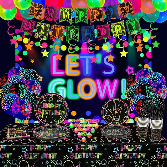 Glow Neon Party Supplies - Neon Balloon, Glow in The Dark Backdrop, Birthday Banner, Hanging Swirls, Cake Topper, Tablecloth, Plates, Napkins, Cup for Blacklight Party Decorations, Serves 20 Guest