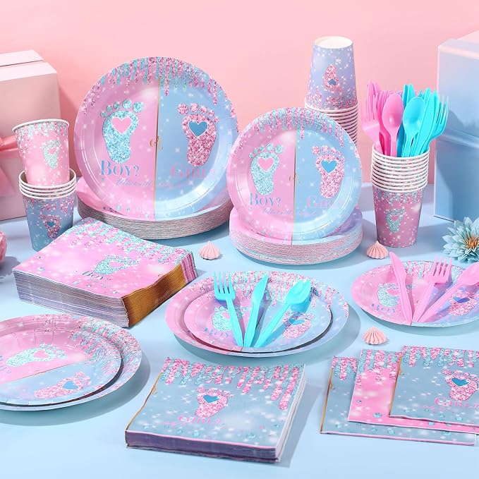 Funnymoom 400 Pcs Gender Revweal Party Supplies for 50 Guests Boy or Girl Gender Reveal Disposable Plates Napkins Cups Spoons Forks Knives for Birthday Baby Shower Party Favors