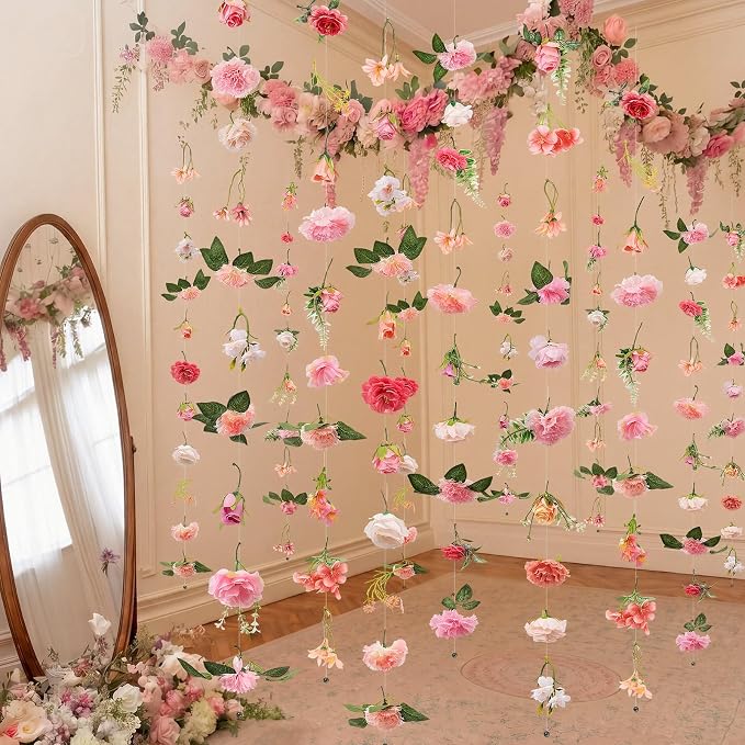Suncalla 12 Pcs 70.8 ft Wildflower Garland Pre Strung Artificial Hanging Flower Vine Backdrop Decor from Ceiling Floating Silk Floral Garland for Garden Wedding Bridal Shower(Bright,Pink)
