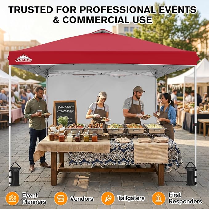 EAGLE PEAK Commercial Canopy 10x10 Pop Up Canopy Tent with 1 Sidewall, Easy Setup Heavy Duty Instant Event Shelter for Vendors & Markets, Outdoor Sun Shade, Red