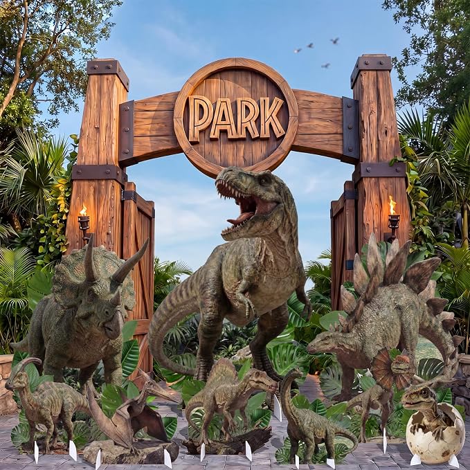 9 Pcs Realistic Dinosaur Party Decorations Set, Large Dinosaur Cutouts with Stand, Jurassic Theme Birthday Decor, Photo Props for Party Supplies