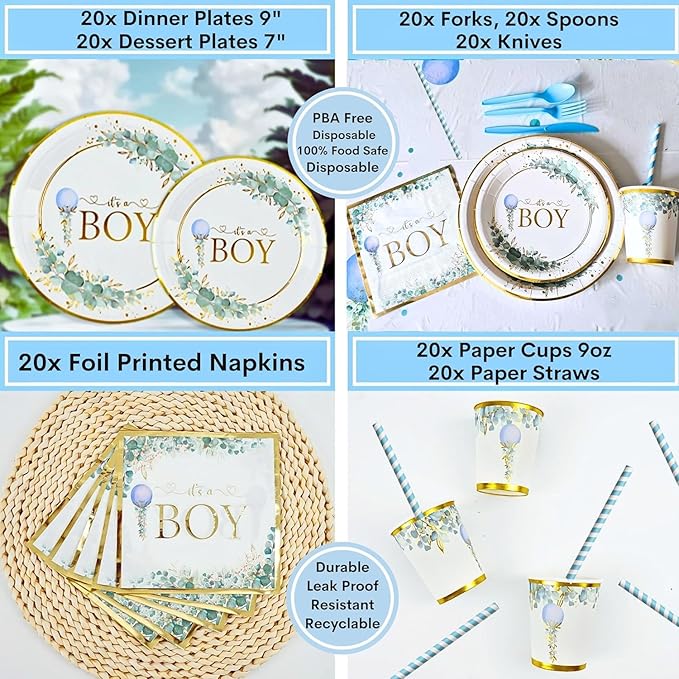 MEGA 254 Pc Watercolor Dusty Blue And Sage Green Baby Shower Decorations Boy, Gender Neutral Balloons Garland Kit, BABY boxes, Backdrop, Banners, Cake Topper, Tablecloth, Plates Napkins, Cups Utensils
