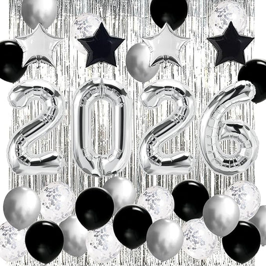 JOJO FLY New Years Eve Party Decorations Kit, Silver 2026 Balloons, Black and Silver Balloons Set, Silver Foil Curtain, Graduation Decorations, New Years Eve Party Supplies 2026