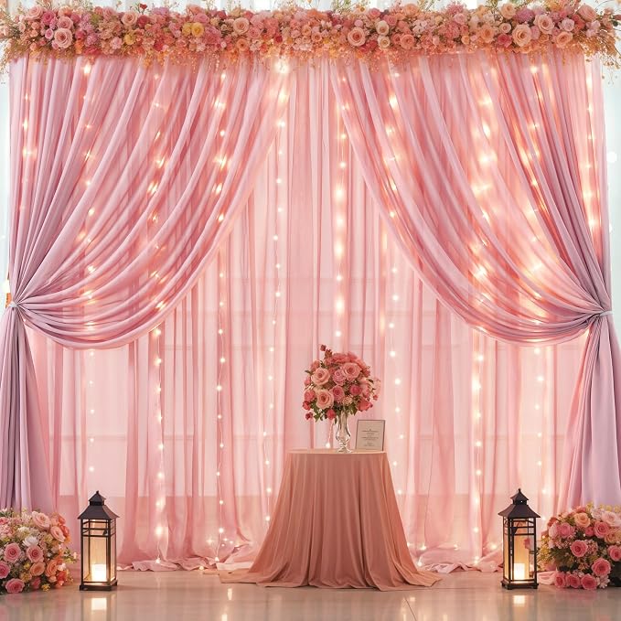 20ft x 10ft Dusty Rose Chiffon Backdrop Curtain with Lights String for Parties,4 Panels Sheer Tulle Curtain Wedding Backdrop for Baby Shower Birthday Party Ceremony Reception Home Decorations