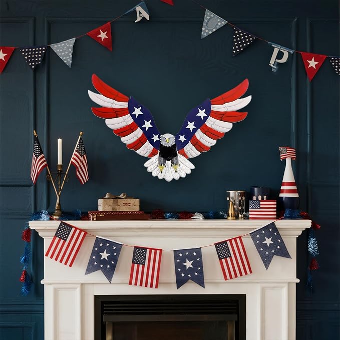 Adroiteet American Eagle 250th Patriotic decorations, Independence Day 4th of July Decoration Metal Wall Art, American Flag Bald Eagle Hanging Sculpture, Large Handmade Centerpiece for Indoor Bedroom Office Outdoor 23.6" x 14"
