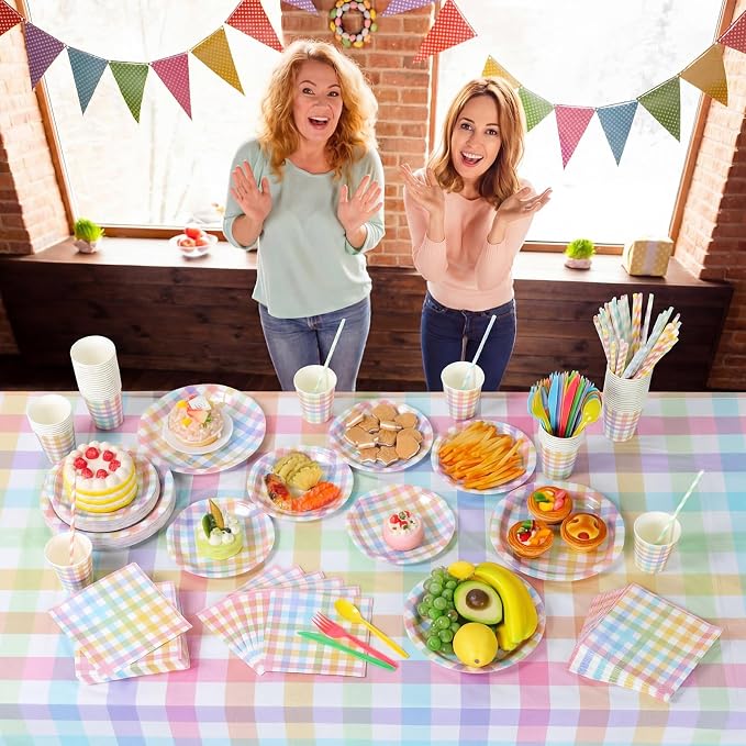 Funnymoom 452 Pcs Pastel Easter Party Decoration for 50, Spring Easter Paper Plates Napkins Cups Tablecloth Cutlery Straws Rainbow Pastel Gingham Plaid Tableware for Spring Birthday Party Supplies