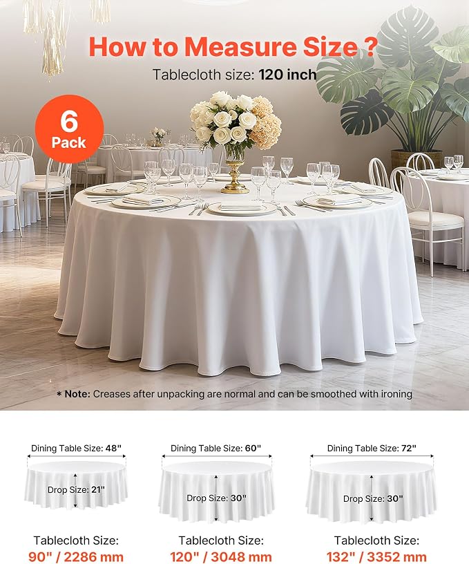 VEVOR White Round Tablecloths 6 Pack, 120 Inches in Diameter, Stain- & Wrinkle- Resistant, Machine Washable Table Clothes, Polyester Fabric Table Covers for Wedding, Party, Banquet, Formal Events