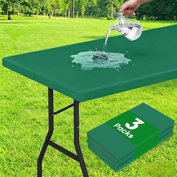 Smiry 3 Pack Rectangle Table Cloth, Elastic Fitted Flannel Backed Vinyl Tablecloths for 8ft Folding Tables, Waterproof Wipeable Table Covers for Outdoor, Camping and Picnic (Emerald Green, 30"x96")