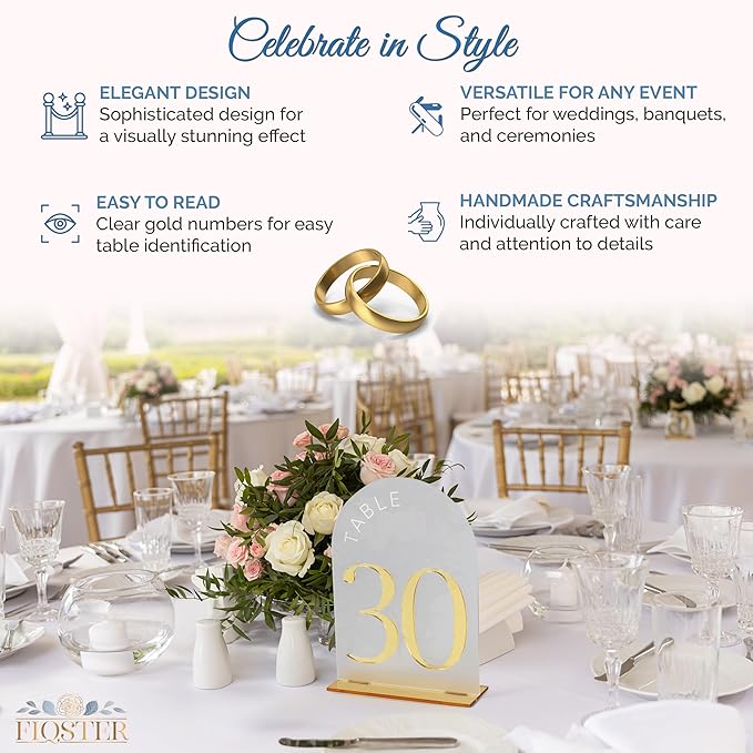 Frosted Arch Gold Table Numbers for Wedding Reception - Table numbers 1-30 - 5x7" Frosted Arch Acrylic Table Signs with Gold Mirror Numbers for Banquet, Party, Event, Anniversary (Table Numbers 1-30)