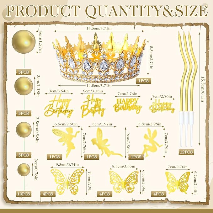 57Pcs 5.7'' Gold Crown Cake Topper Happy Birthday Cake Decoration with Crown Ball 3D Butterflies Birthday Candle Elf Sign Decor for Women Queen Anniversary Celebration Wedding Party Supplies