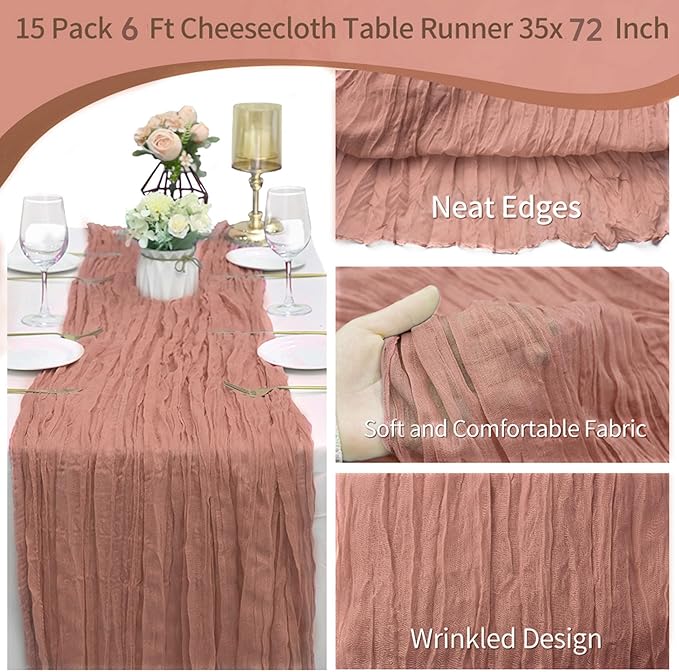 15 Pack Cheesecloth Table Runner Dusty Blush 6FT Boho Table Runner Cheese Cloth Table Runners 35 x72 Inch Holiday Table Cloth for Wedding Birthday Party Engagement Home Bridal Baby Shower Table Decor