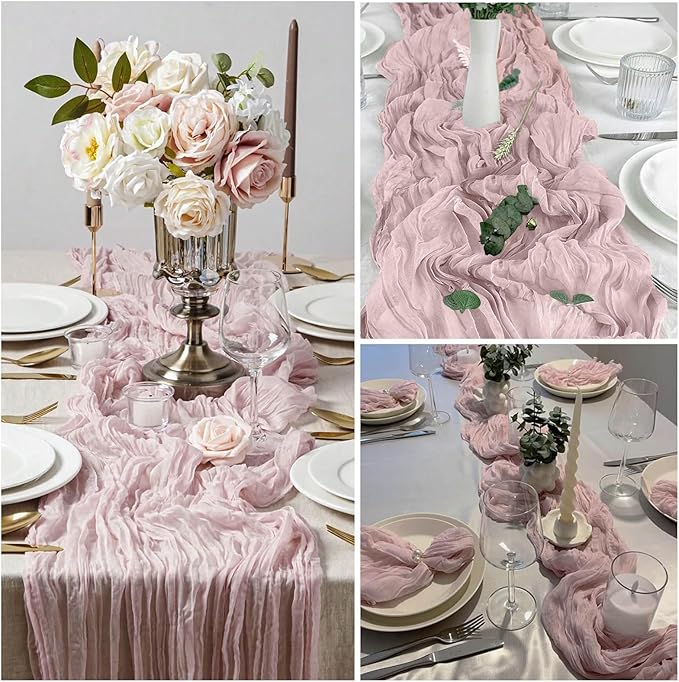 8 Pack Dusty Pink Valentine's Day Cheesecloth Table Runner 21x120 Inch Gauze Table Runners Reusable Polyester 10ft Boho Rustic Cheese Cloth Table Runner for Wedding Party Baby Shower Birthday