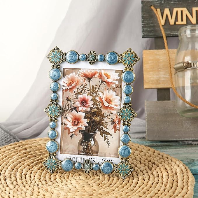 5x7 Vintage Picture Frame Decor Ornate Antique Blue Photo Frames with Glass Front, Art Decor Tabletop Display, Gifts Ideas for Women, Horizontally & Vertically